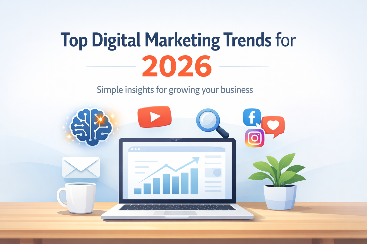 Digital marketing trends for 2026 featuring AI, video, search, and social media concepts designed for small business owners.