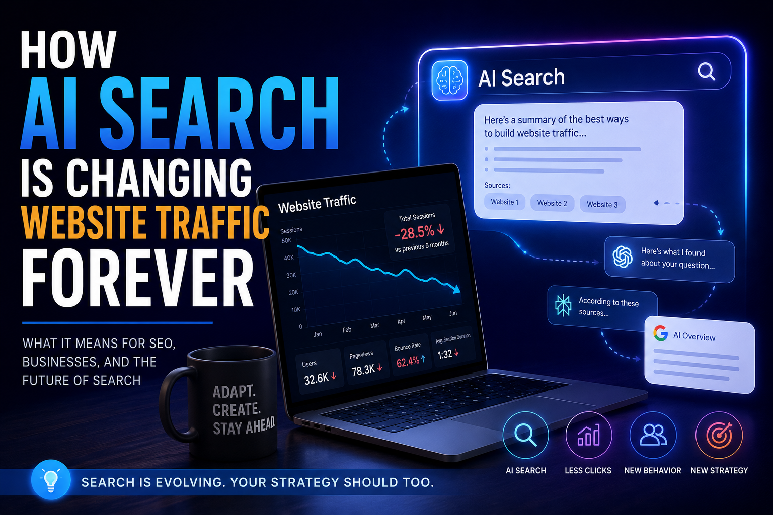 Digital marketing illustration showing AI-powered search changing website traffic with analytics dashboards, search interfaces, and futuristic SEO visuals.