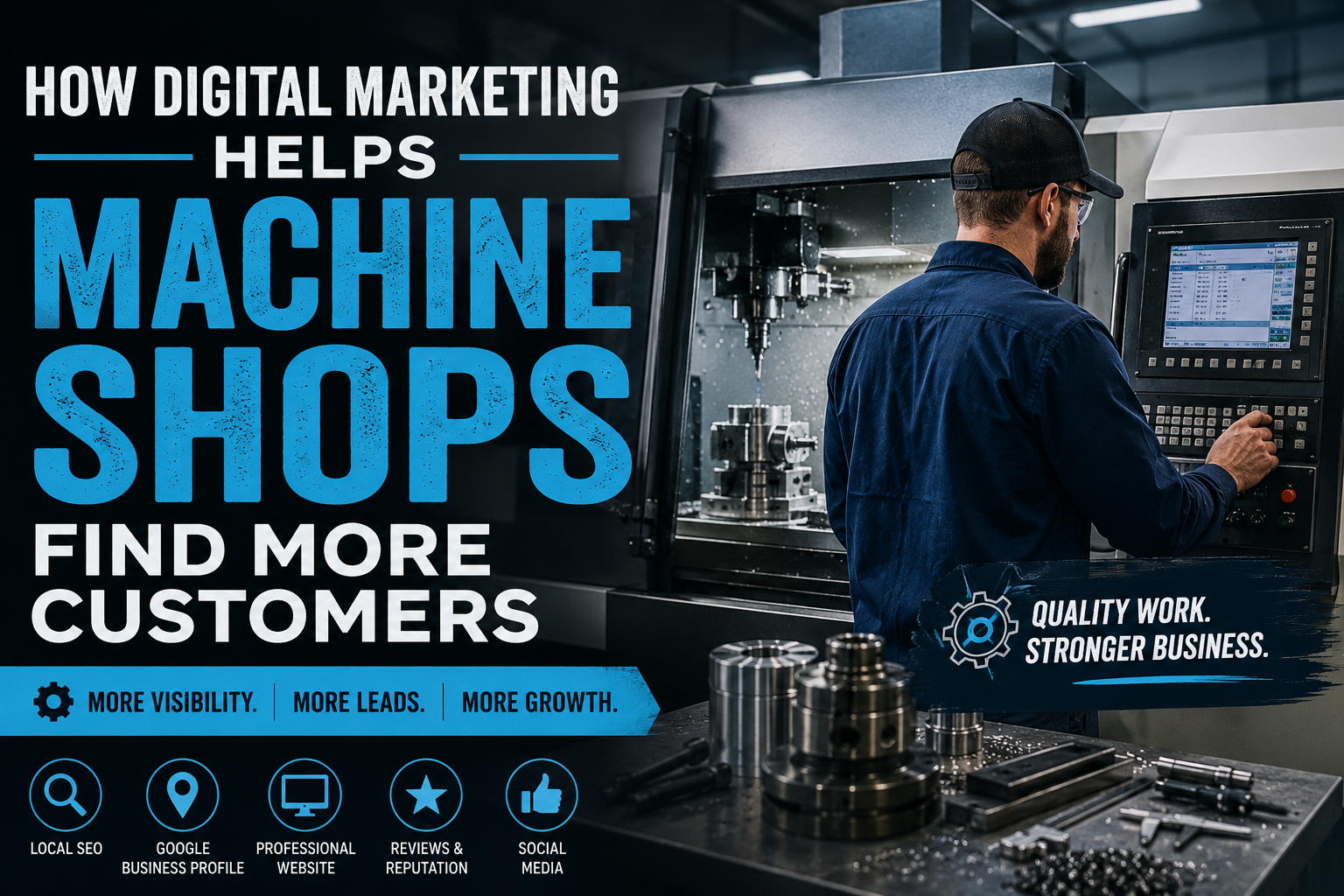 Industrial machine shop with CNC equipment illustrating how digital marketing helps machine shops attract customers and grow online.