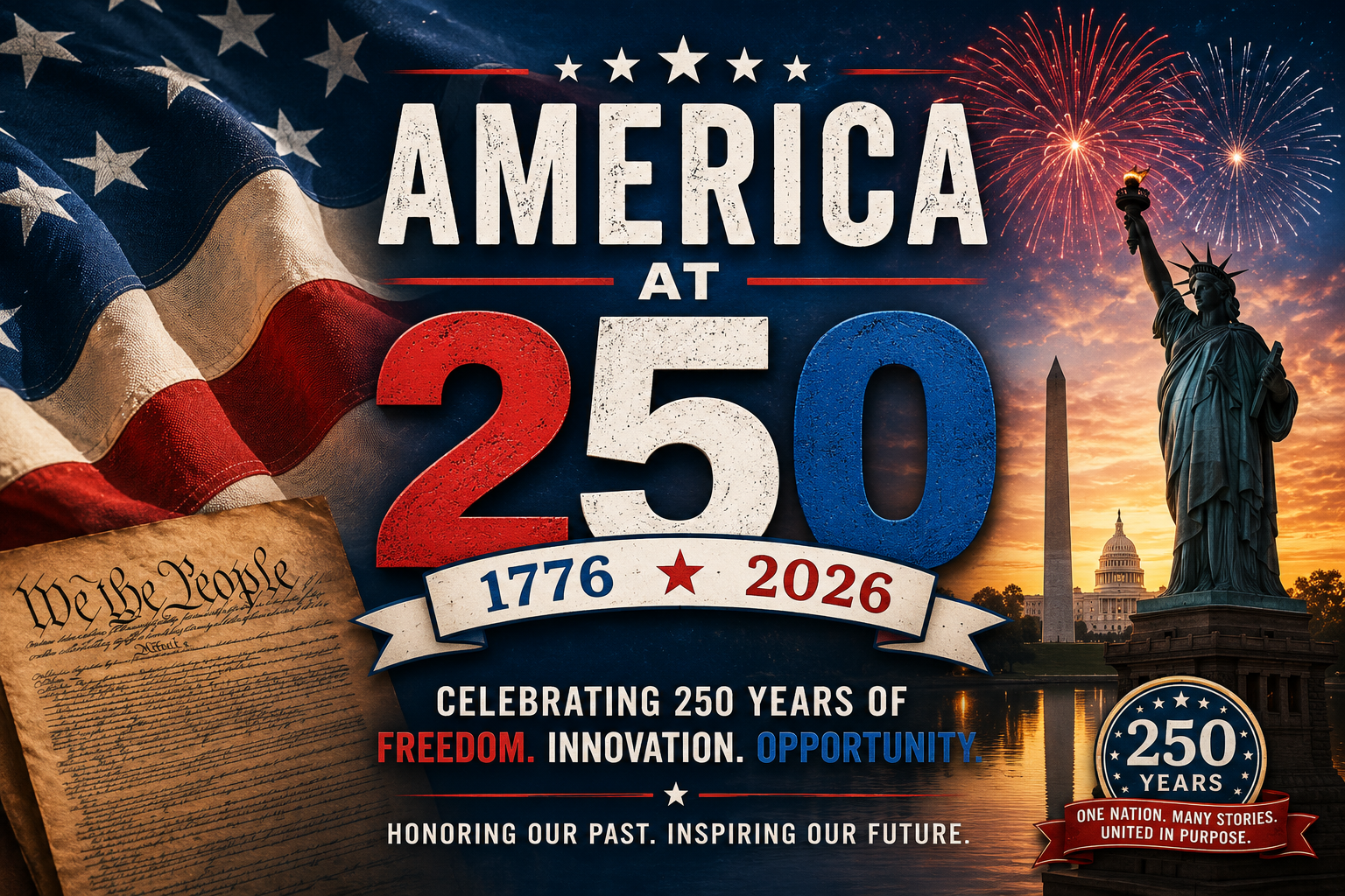 American flag waving over a patriotic skyline celebrating America's 250th birthday with fireworks and red, white, and blue imagery.