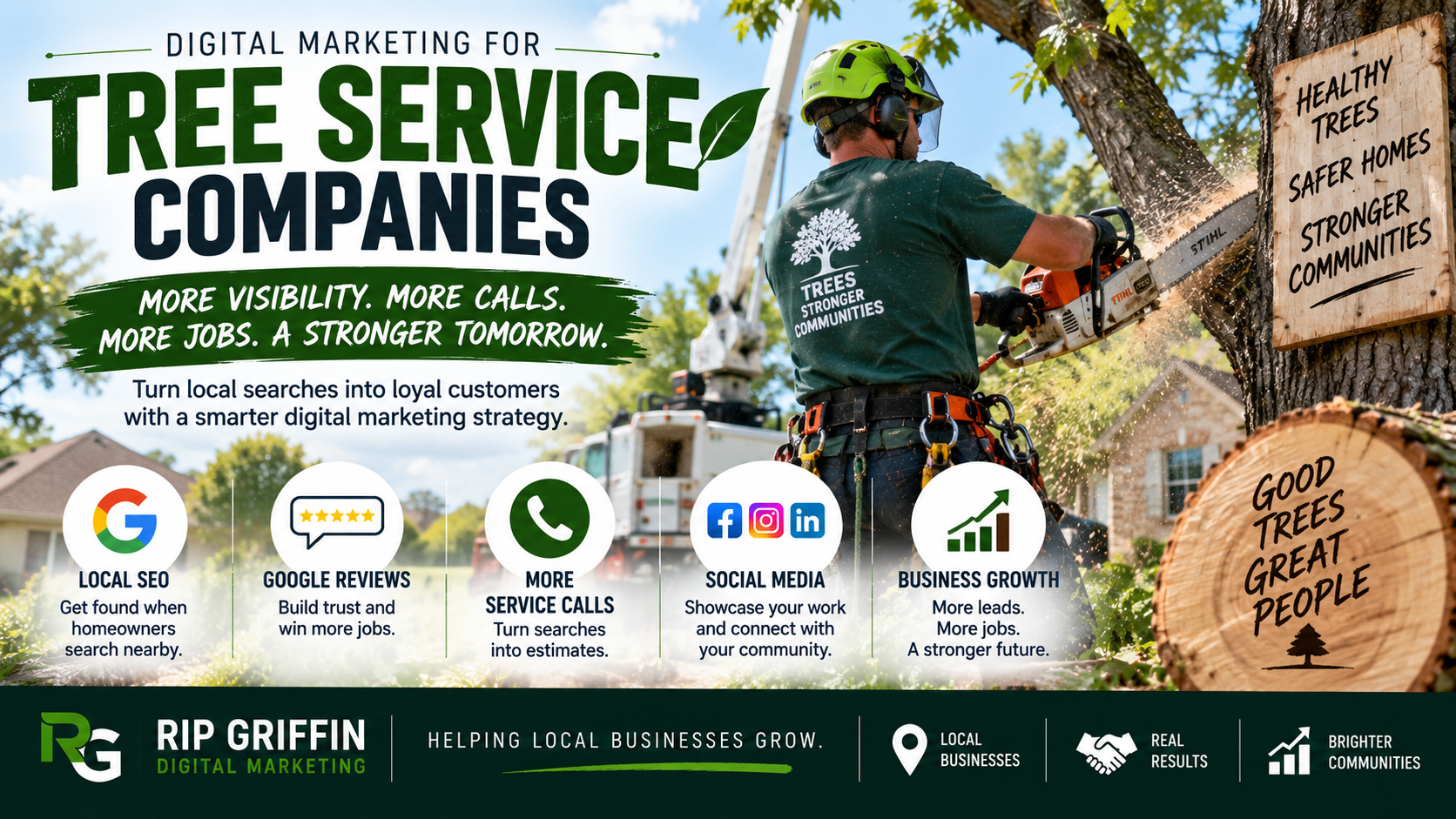 Professional tree service crew working on a residential property with digital marketing elements representing local SEO, Google reviews, emergency service calls, social media, and local business growth.